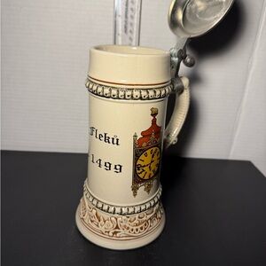 German Ceramic Beer Stein with Clock Design pewter top